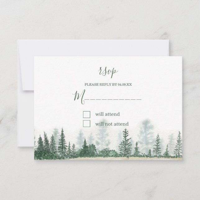 Cartão RSVP Casamento de Aquarela da Floresta Russa da Montanh (Frente)