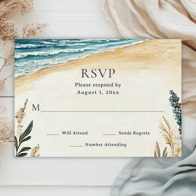 Cartão RSVP Casamento de Aquarela de Praia Chic Costeira (Front - Coastal Chic Beach Watercolor Wedding RSVP Card)