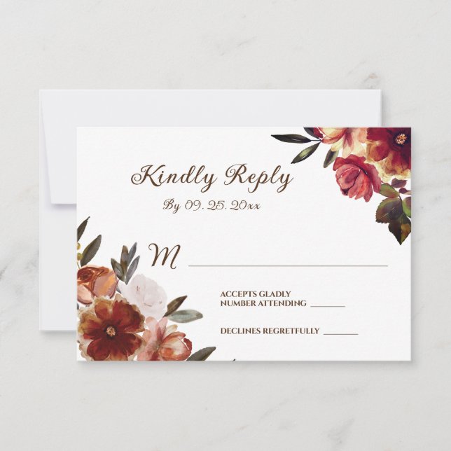 Cartão RSVP Casamento De Aquarela Floral De Queda Elegante (Frente)