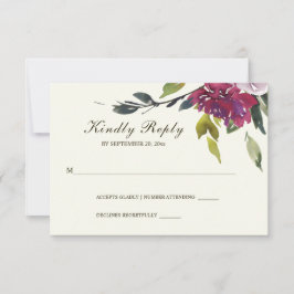 Cartão RSVP Casamento de Aquarela Floral Púrpura Rosa Escura