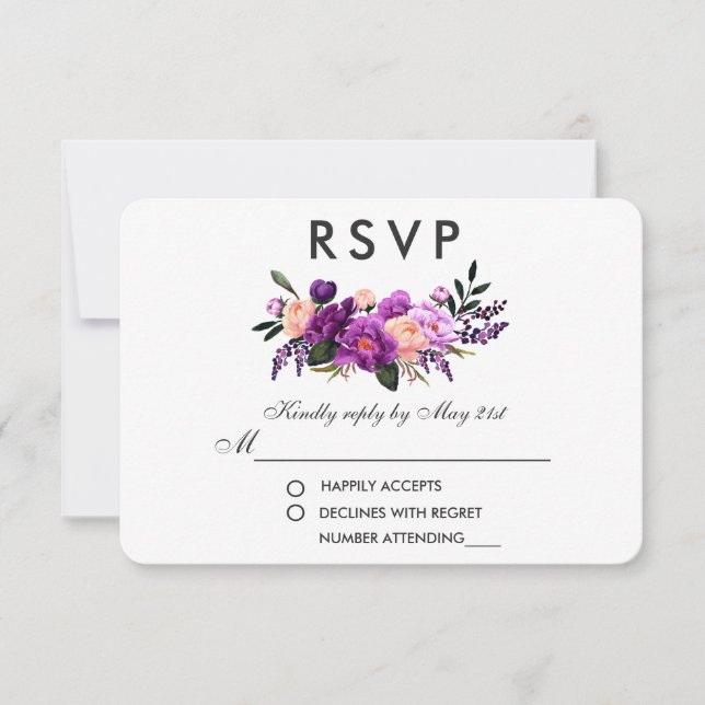 Cartão RSVP Casamento de Aquarela Floral Roxo Ultra Violet P (Frente)