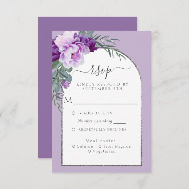 Cartão RSVP Casamento de Arca de Prata de Folhagem Floral Púrp (Frente/Verso)