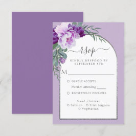 Cartão RSVP Casamento de Arca de Prata de Folhagem Floral Púrp