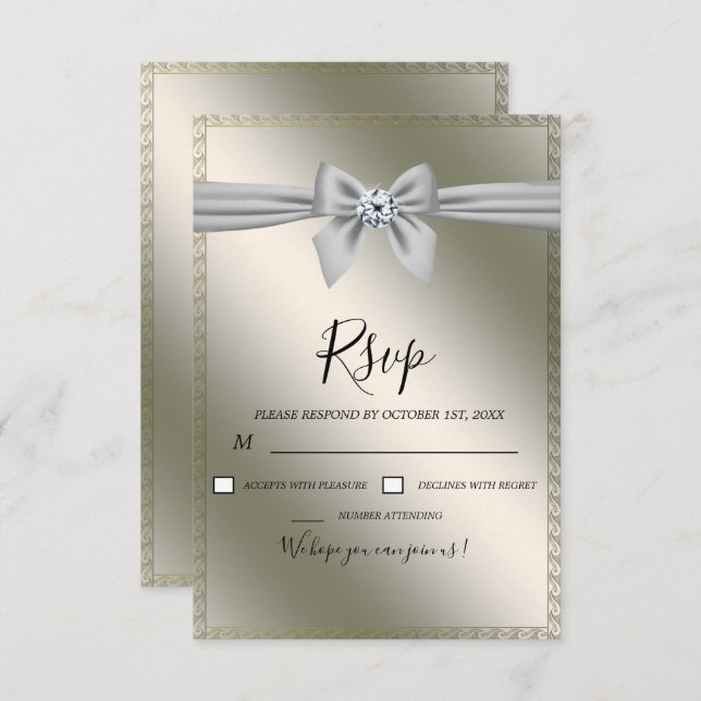 Cartão RSVP Casamento de Arco de Fita Silver Elegante (Frente/Verso)