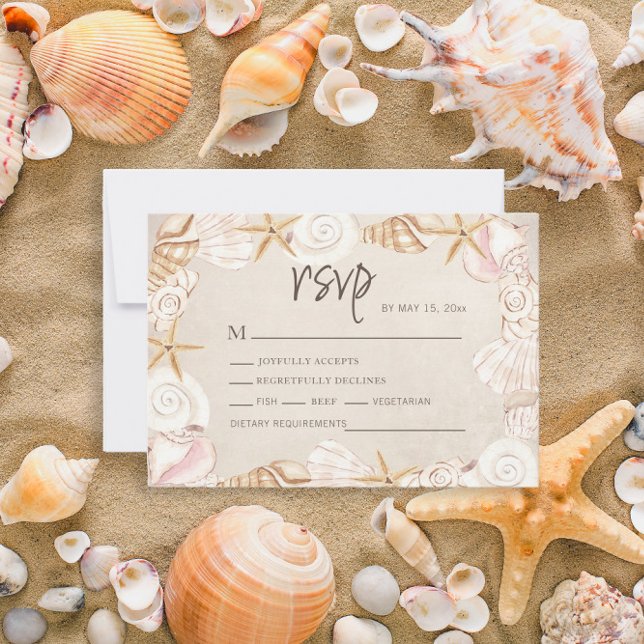 Cartão RSVP Casamento de Areia Conchas Marinhas  (Beach/sea shell wedding RSVP card)