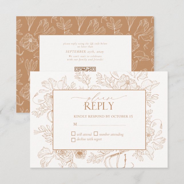 Cartão RSVP Casamento de Arte da Linha Floral Elegante Terraco (Frente/Verso)