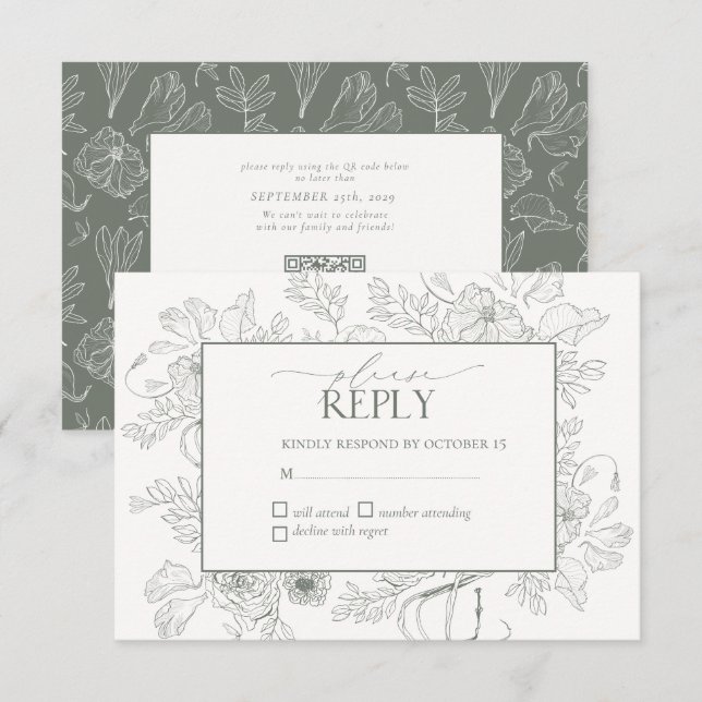 Cartão RSVP Casamento de Arte da Linha Floral Verde Elegante S (Frente/Verso)
