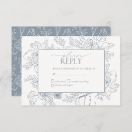 Cartão RSVP Casamento de Arte de Linha Floral Azul Elegante Du