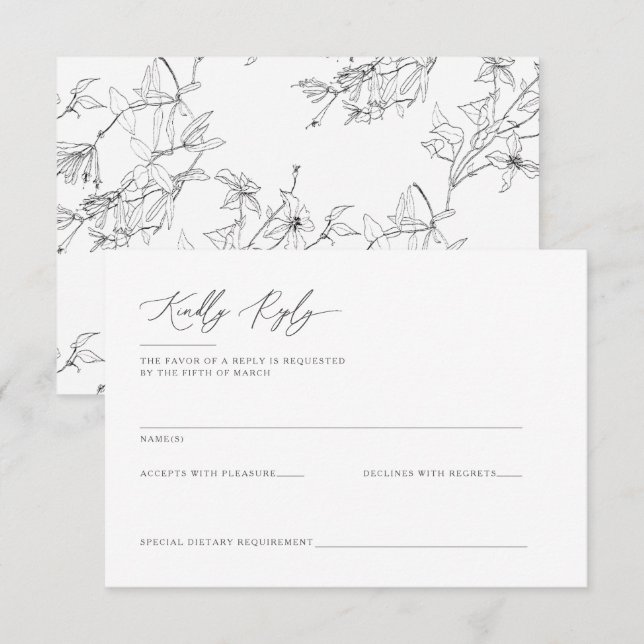 Cartão RSVP Casamento de Arte de Linha Floral Moderna Elegante (Frente/Verso)
