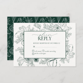 Cartão RSVP Casamento de Arte em Linha Floral Elegante Emerald