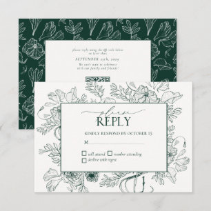Cartão RSVP Casamento de Arte em Linha Floral Elegante Emerald