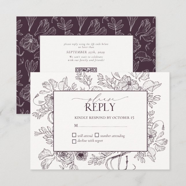 Cartão RSVP Casamento de Arte em Linha Floral Púrpura Elegante (Frente/Verso)