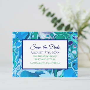 Cartão RSVP Casamento de Arte Marble Azul e Verde Salvar a Dat