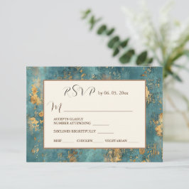 Cartão RSVP Casamento de Arte Moderna Elegante Dourado Teal