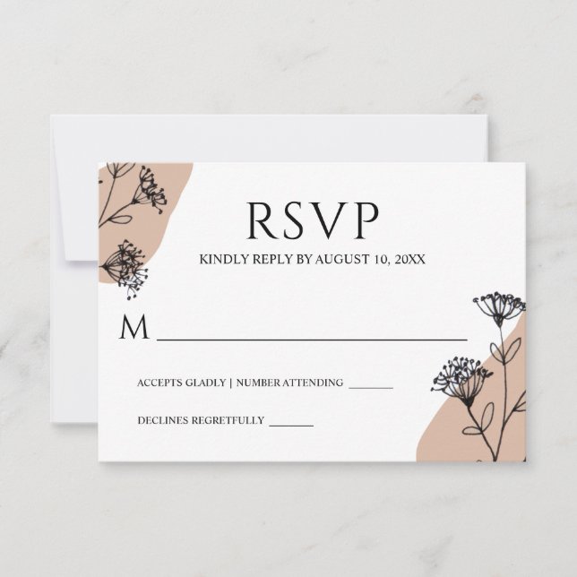 Cartão RSVP Casamento de Arte Simples de Linha Floral Branca N (Frente)