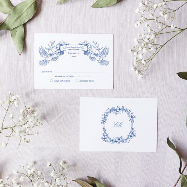 Cartão RSVP Casamento de Aves Azuis (RSVP card for a toile french blue wedding stationery suite with victorian florals and birds)