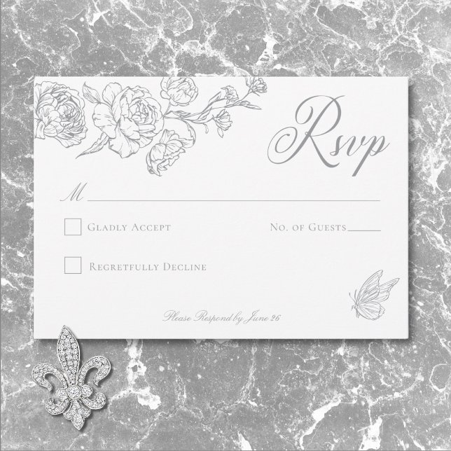 Cartão RSVP Casamento de aves de capoeira e de repouso da Cinz (Elegant Gray Chinoiserie Bird & Crest Wedding RSVP Card)