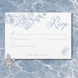 Cartão RSVP Casamento de aves e crest de Chinoiserie Azul Eleg