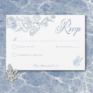 Cartão RSVP Casamento de aves e crest de Chinoiserie Azul Eleg