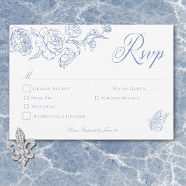 Cartão RSVP Casamento de aves e crest de Chinoiserie Azul Eleg