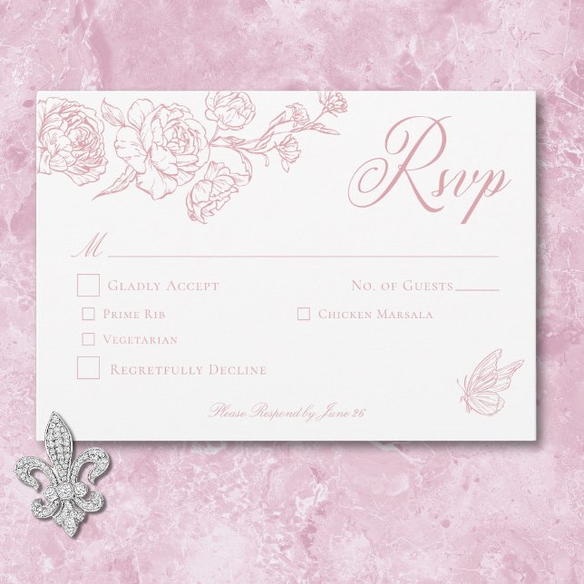 Cartão RSVP Casamento de aves e crest, pintadas e pintadas (Elegant Pink Chinoiserie Bird & Crest Wedding RSVP Card)