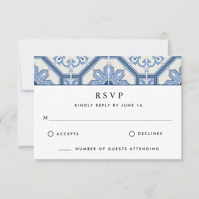 Cartão RSVP Casamento de Azulejo Grego Azul Elegante (Frente)