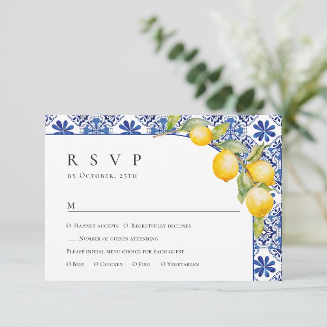 Cartão RSVP Casamento de Azulejos Azuis de Limões do Mediterrâ (Em pé/Frente)