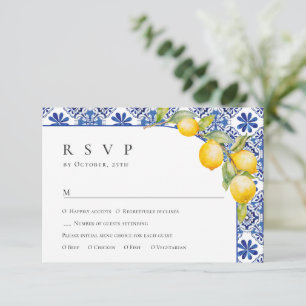 Cartão RSVP Casamento de Azulejos Azuis de Limões do Mediterrâ