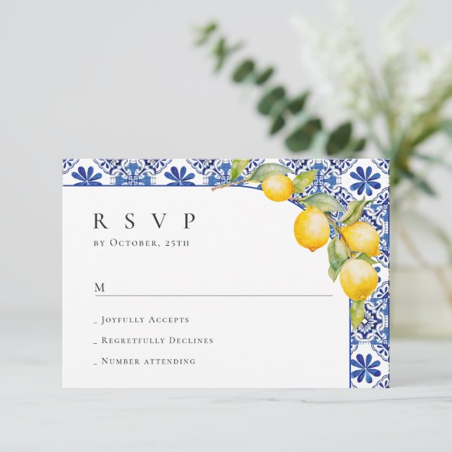 Cartão RSVP Casamento de Azulejos Azuis de Limões do Mediterrâ (Em pé/Frente)
