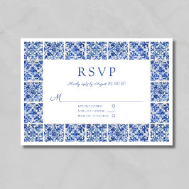 Cartão RSVP Casamento de Azulejos Azuis Elegantes