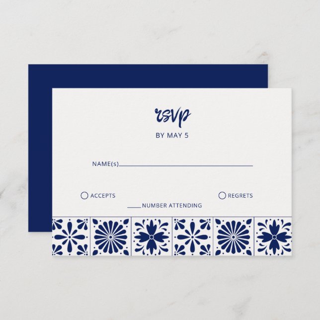Cartão RSVP Casamento de Azulejos de Talavera Azul Marinho Mex (Frente/Verso)