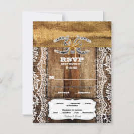 Cartão RSVP Casamento de Barnwood, Lace e Ferraduras