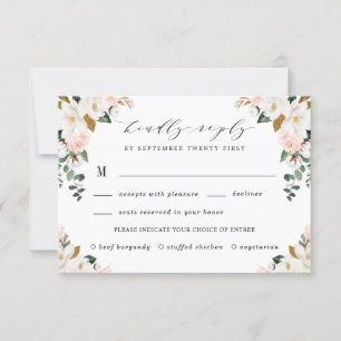 Cartão RSVP Casamento de Blush Meal Choice Dourado e Magnolia 