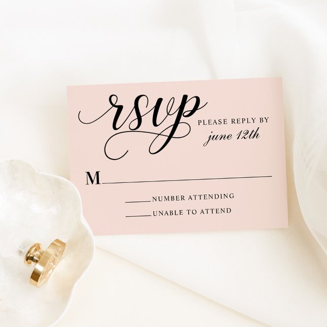 Cartão RSVP Casamento de Blush Moderno e Script Preto (Criador carregado)