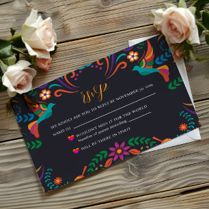 Cartão RSVP Casamento de Boda, Colorida Floral Negra Mexicana