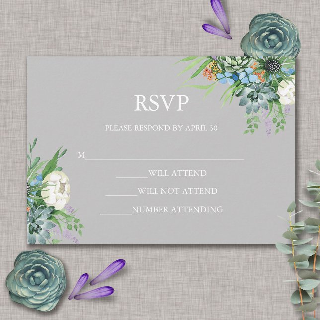 Cartão RSVP Casamento de Boho com Buquê Floral Suculente de Wa (Criador carregado)