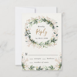 Cartão RSVP Casamento de Boho Leaf Boho, Dourado Elegante Verd