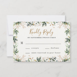 Cartão RSVP Casamento de Boho Leaf Boho, Dourado Elegante Verd