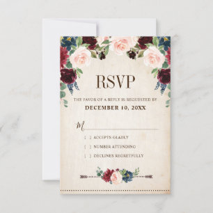 Cartão RSVP Casamento de Boho País Russo Floral Marinho Burgun