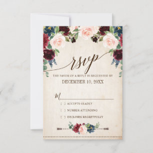 Cartão RSVP Casamento de Boho País Russo Floral Marinho Burgun