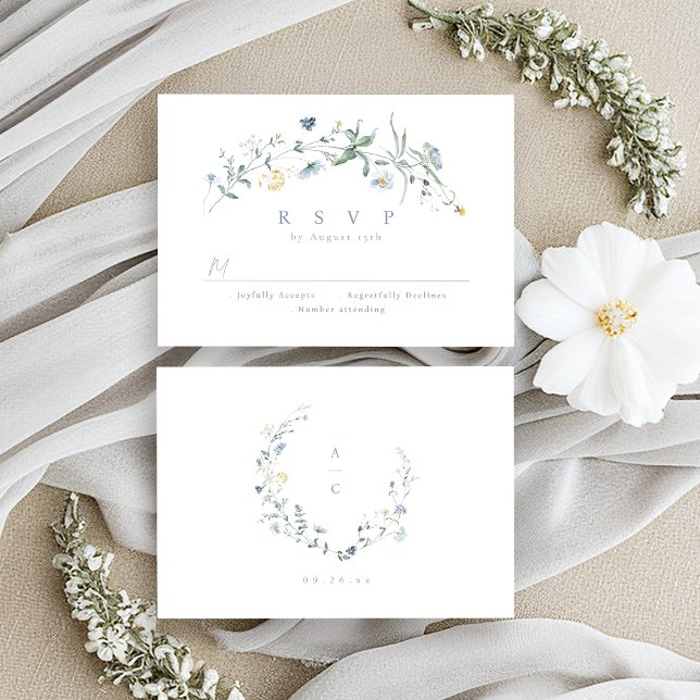 Cartão RSVP Casamento de Boho Russo de Flor Selvagem Azul Eleg (Elegant Dusty Blue Wildflower Rustic Boho Wedding RSVP Card)