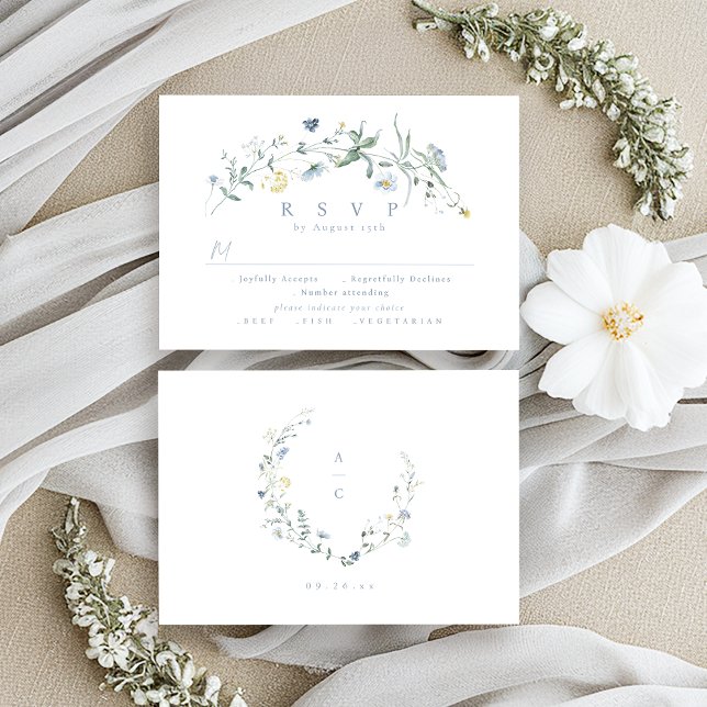 Cartão RSVP Casamento de Boho Russo de Flor Selvagem Azul Eleg (Elegant Dusty Blue Wildflower Rustic Boho Wedding RSVP Card)