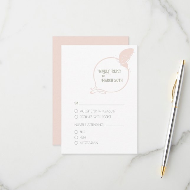 Cartão RSVP Casamento de Borboleta Nouveau, Arte Nouveau Rosa  (Frente/Verso In Situ)