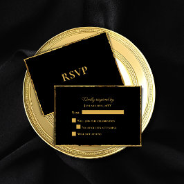 Cartão RSVP Casamento de Borda Dourada de Luxo Negro Simples E