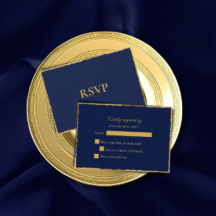 Cartão RSVP Casamento de Borda Dourada Luxo Azul com Marinho d