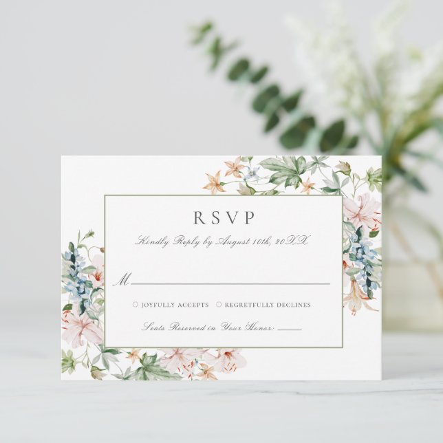 Cartão RSVP Casamento de Borda Floral de Aquarela Elegante (Em pé/Frente)