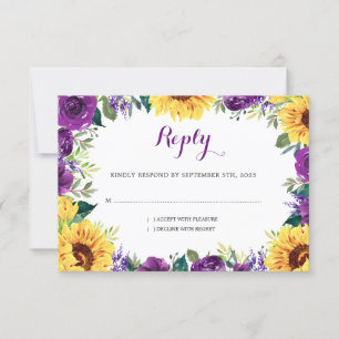 Cartão RSVP Casamento de Borda Floral Roxo de Girassol
