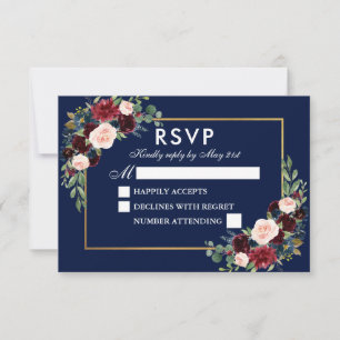 Cartão RSVP Casamento de Borgonha Azul Floral Azul Elegante