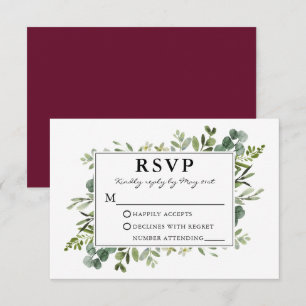 Cartão RSVP Casamento de Borgonha com Verde Botânico