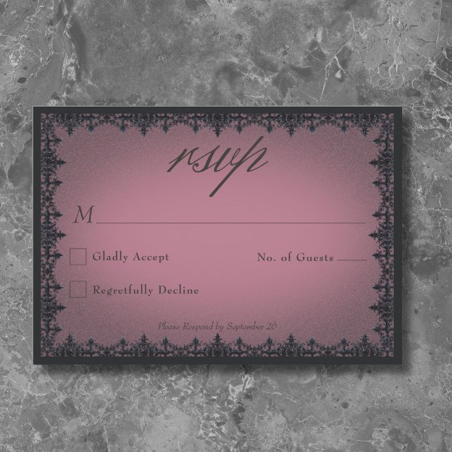 Cartão RSVP Casamento de Borgonha da Fronteira de Ferro Gótica (Victorian Gothic Iron Border Burgundy Wedding RSVP Card)